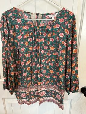 Womens LC Lauren Conrad Teal Floral 3/4 Sleeve Peasant Blouse with tie